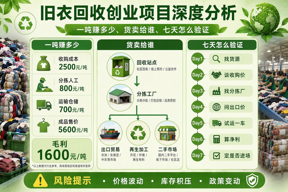 旧衣回收创业项目深度分析2026:一吨赚多少、货卖给谁、七天怎么验证